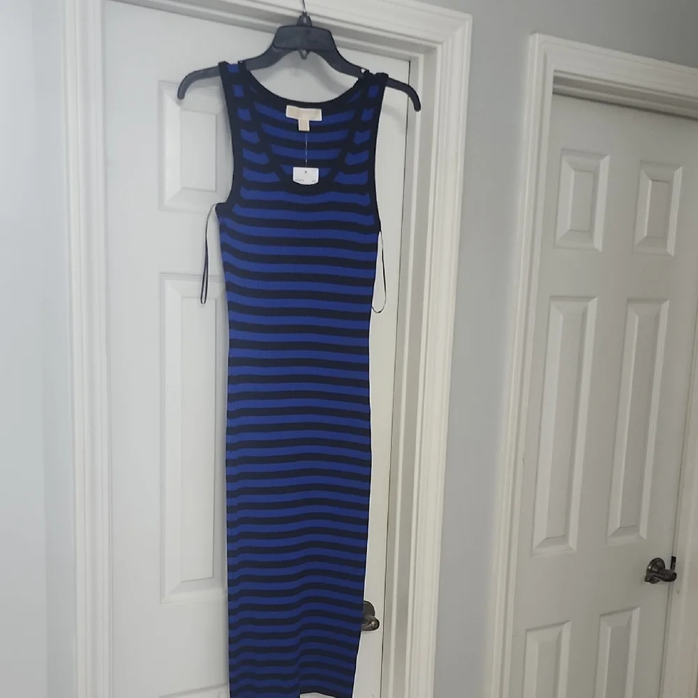 Michael Kors Blue and Black Striped Midi Dress
